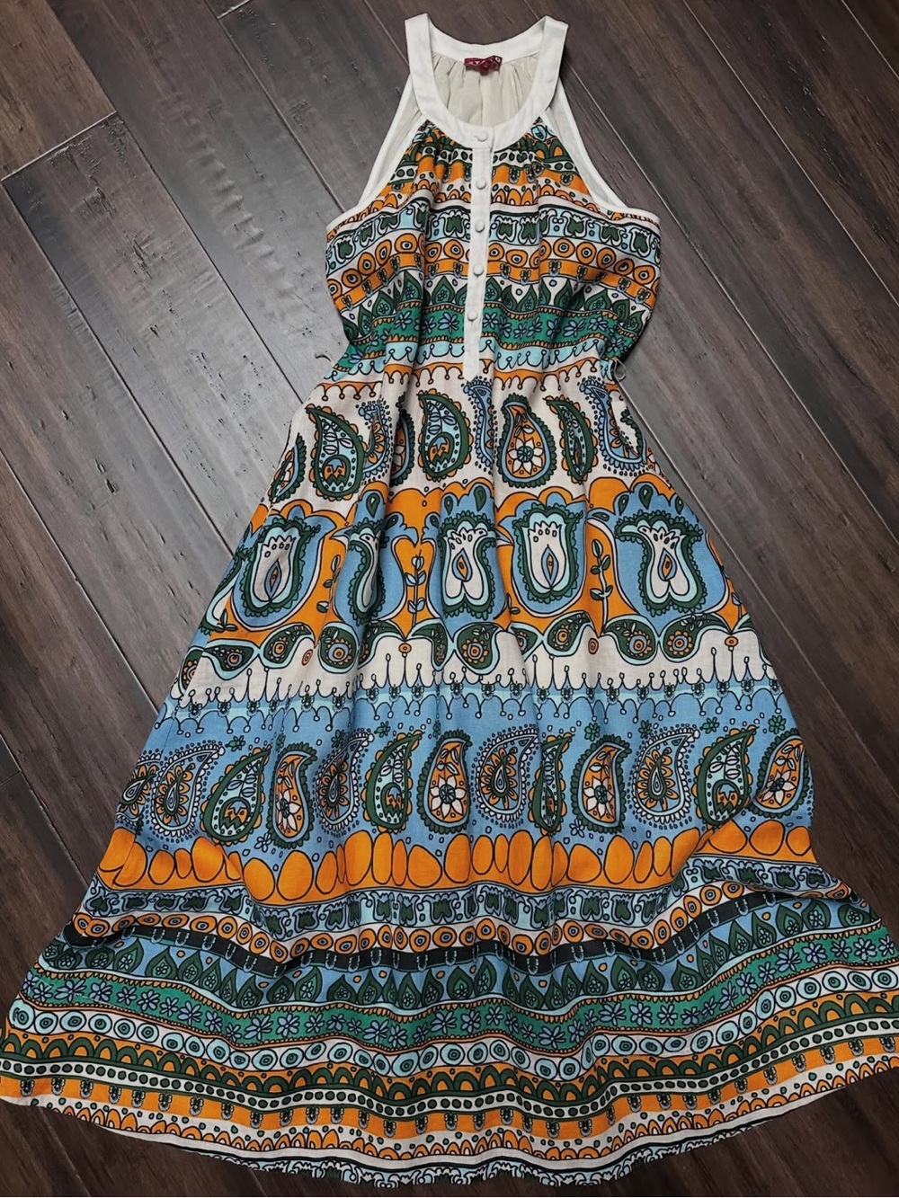 STAUD Sleeveless Printed Maxi Dress in Teal, Mustard & White - Picture 4 of 9